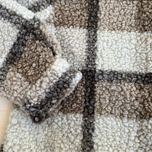 SHEIN CURVE LUNE Plus Plaid Pattern Drop Shoulder Teddy Coat Tan Cream Sz 2X - Picture 10 of 16